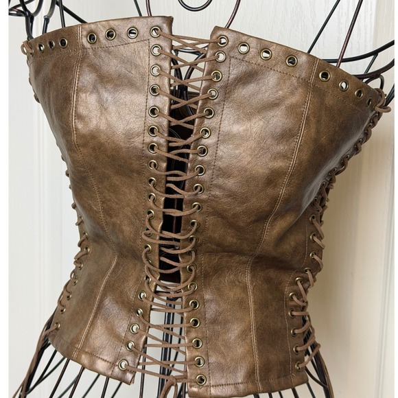 Jaded London Tops - Jaded London Brown Faux Leather Lace Up Corset Top Distressed Steampunk Medium